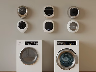 Two White Front Load Washing Machines With Six Wall Mounted Appliances 3d model