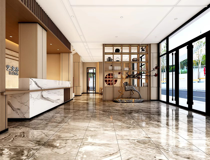 Elegant Modern Hotel Lobby Interior With Marble Flooring And Reception Desk 3d model 