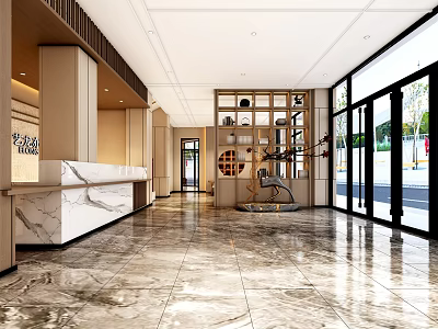 Elegant Modern Hotel Lobby Interior With Marble Flooring And Reception Desk 3d model