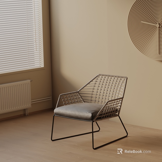 Leisure Chair Featuring Metal Frame Woven Design And Gray Cushion By Window Blinds Circular Decor 3d model 