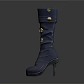 Navy Blue Leather Tall Boots Featuring Metal Buckles And Thin High Heels Design