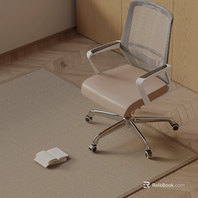 Modern Office Chair with Mesh Back Light Seat Metal Armrests and Wheels on Carpet 3d model 