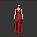 Portrait Of Elegant Woman In Red Long Dress Standing Against Gray Background