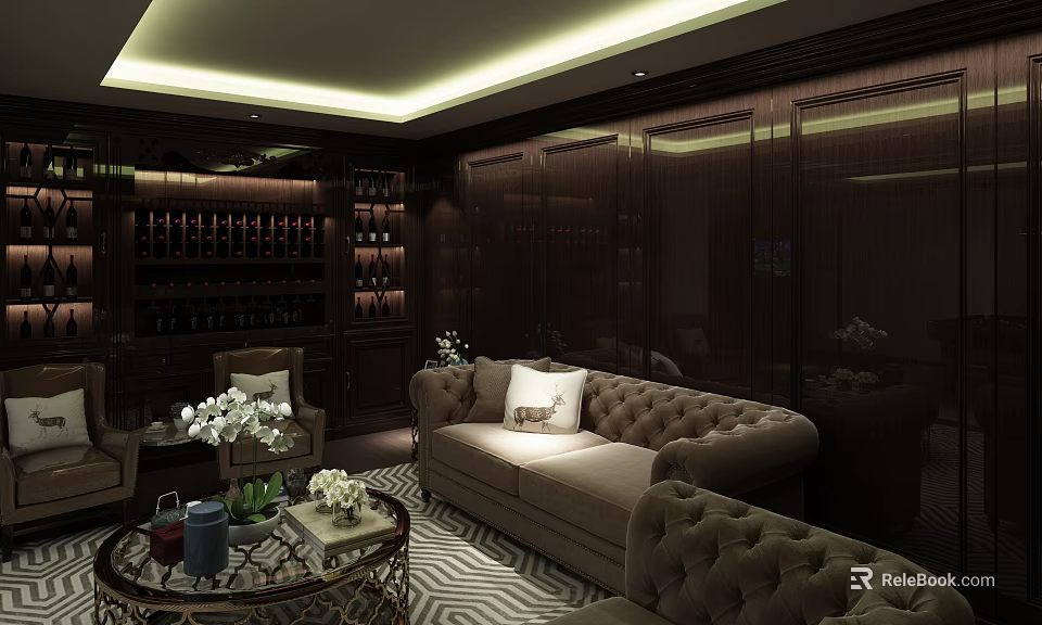 Luxurious Private Room Interior With Dark Wooden Walls Wine Rack Beige Sofa Coffee Table And White Orchids 3d model 