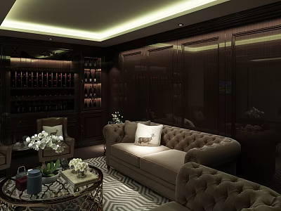 Luxurious Private Room Interior With Dark Wooden Walls Wine Rack Beige Sofa Coffee Table And White Orchids 3d model