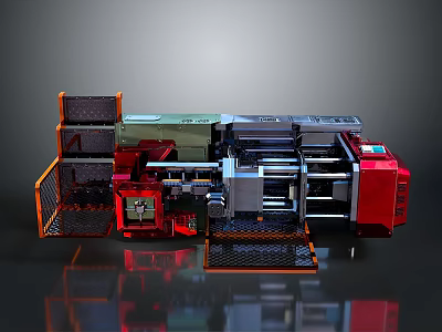 Industrial Mechanical Device With Complex Structure Red Green Gray Components And Metal Frames 3d model