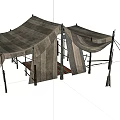 Two Striped Fabric Tents With Metal Frame And Support Ropes For Outdoor Use