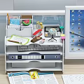 Office Desk Folder Organized in White Rack With Globe Calculator Notebook Watermelon and Stationery