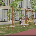 Kindergarten Outdoor Play Area with Climbing Ropes Yellow Ladders and Children Playing on Grass