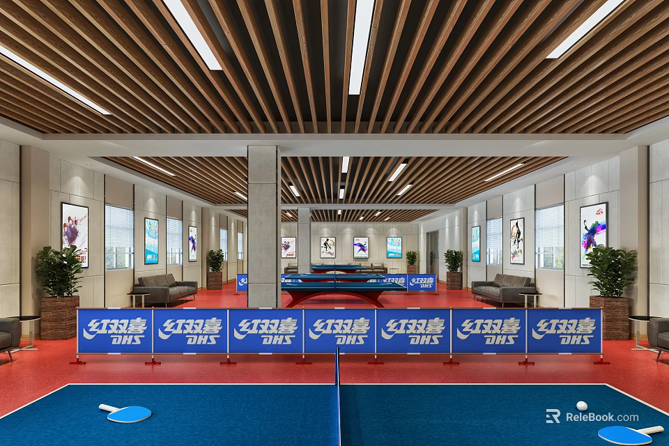 Modern Indoor Table Tennis Sports Fitness Facility With Blue Floor And Equipment 3d model 