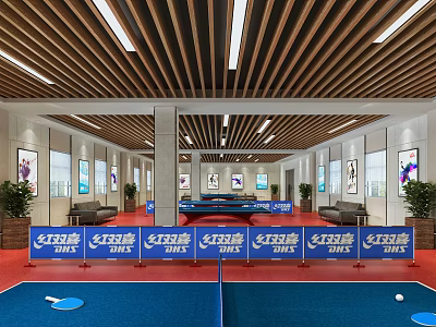 Modern Indoor Table Tennis Sports Fitness Facility With Blue Floor And Equipment 3d model