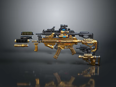 Detailed Tactical Golden Black Gun With Scope Magazine Metallic Accessories And Decorative Design 3d model