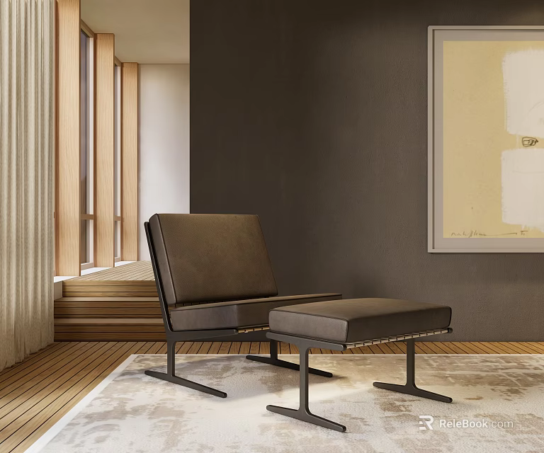 Modern Leather Accent Chair With Ottoman On Wooden Floor And Area Rug Interior 3d model 