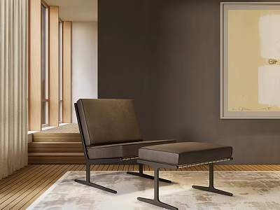Modern Leather Accent Chair With Ottoman On Wooden Floor And Area Rug Interior 3d model