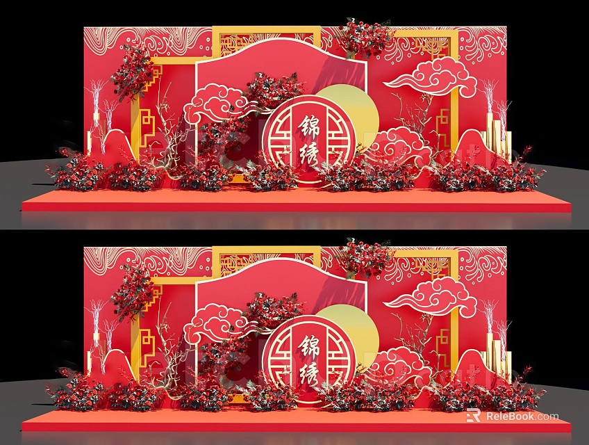 Chinese Traditional Jinxiu Themed Decoration With Red Background Golden Patterns And Cloud Motifs 3d model 