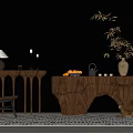 Elegant Natural Wooden Console Table With Bamboo Plant Vase And Decorative Lamp