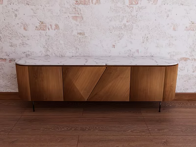 Wooden TV Stand With Marble Top Against Textured Wall And Wooden Floor 3d model