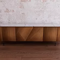 Wooden TV Stand With Marble Top Against Textured Wall And Wooden Floor