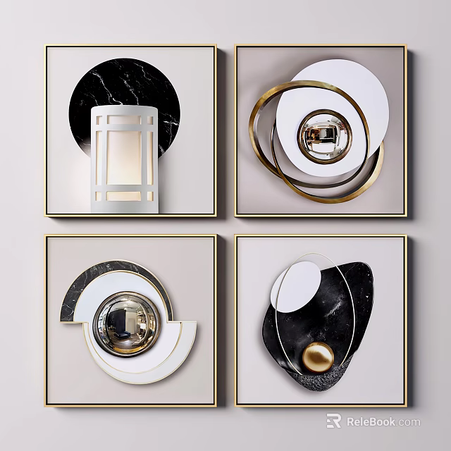 Modern Decorative Paintings With Geometric Shapes Golden Frames And Marble Elements 3d model