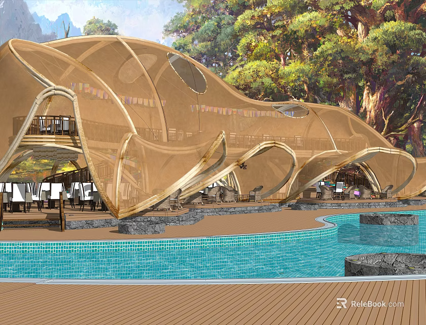 Curved Golden Pergola With Poolside Trees And Mountain View In Outdoor Leisure Space 3d model 
