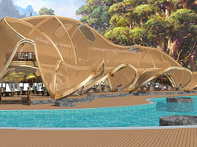 Curved Golden Pergola With Poolside Trees And Mountain View In Outdoor Leisure Space 3d model