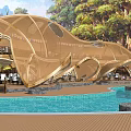 Curved Golden Pergola With Poolside Trees And Mountain View In Outdoor Leisure Space