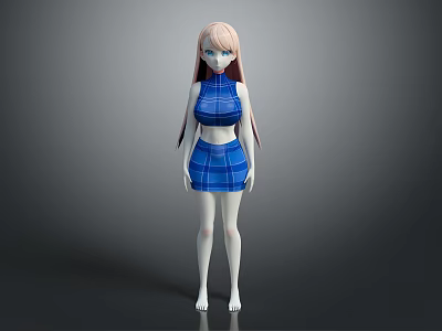 Game Movie Character With Pink Hair In Blue Plaid Crop Top And Skirt 3d model