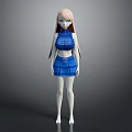 Game Movie Character With Pink Hair In Blue Plaid Crop Top And Skirt