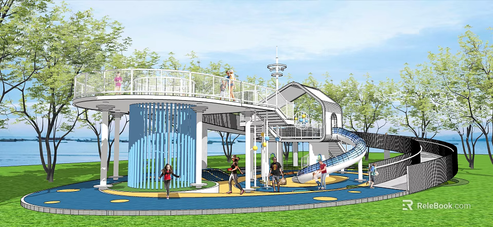 Outdoor Children's Play Area with Spiral Slide and Elevated Platform Surrounded by Trees and Grass 3d model 