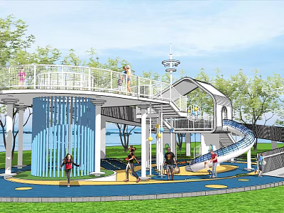 Outdoor Children's Play Area with Spiral Slide and Elevated Platform Surrounded by Trees and Grass 3d model