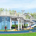 Outdoor Children's Play Area with Spiral Slide and Elevated Platform Surrounded by Trees and Grass