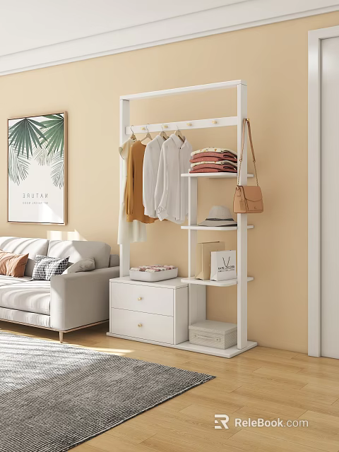 Storage Rack With Hanging Clothes Folded Items Handbag Hat Drawer Storage Box In Living Room 3d model 