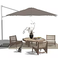 Outdoor Round Wooden Table And Chairs Set With Umbrella Vase And Woven Rug