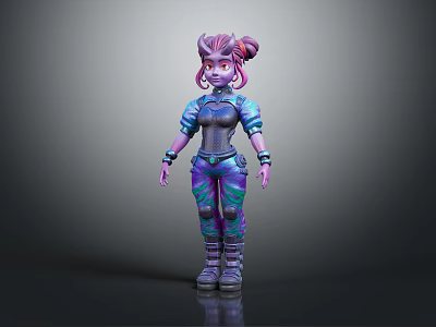 3D Sci Fi Character With Pink Purple Hair Blue Top And Green Blue Striped Pants 3d model