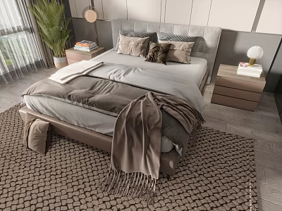 Elegant Modern Double Bed Interior With Soft Bedding Pillows And Woven Rug 3d model