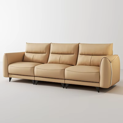 Modern Beige Leather Three Seater Sofa With Sleek Lines And Black Legs 3d model