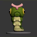 Cute Green Game Movie Character With Pink Horn Large Eyes Segmented Body On White Base