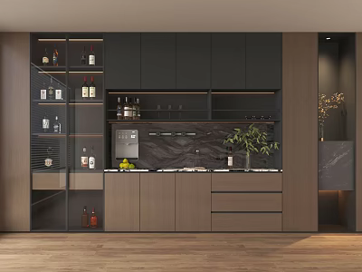 Modern Minimalist Wooden Sideboard Cabinet With Glass Wine Display And Large Storage For Dining Room 3d model
