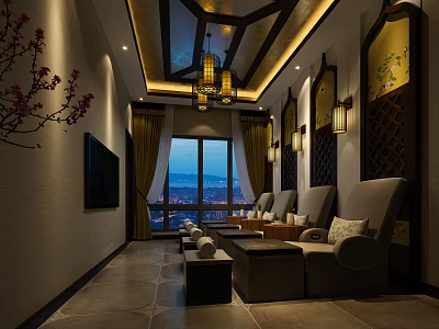 Luxurious SPA Sauna Room With Comfortable Seats Soft Lighting And City View 3d model