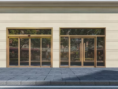 Building Exterior With Gold Frame Glass Doors And Beige Wall Stone Pavement 3d model