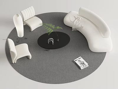White Curved Sofa And Black Round Coffee Table With Green Plant Chairs Gray Rug Magazine 3d model