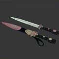 Decorative Weapon Ornate Knives With Patterned Blades Black Handles And Silver Accent Sheaths