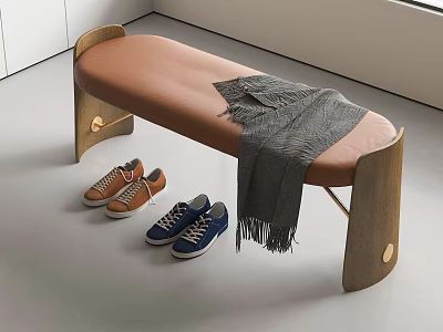 Modern Brown Leather Shoe Bench with Wooden Legs Shoes and Gray Blanket 3d model