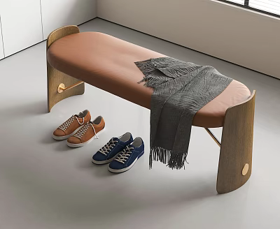 Modern Brown Leather Shoe Bench with Wooden Legs Shoes and Gray Blanket 3d model