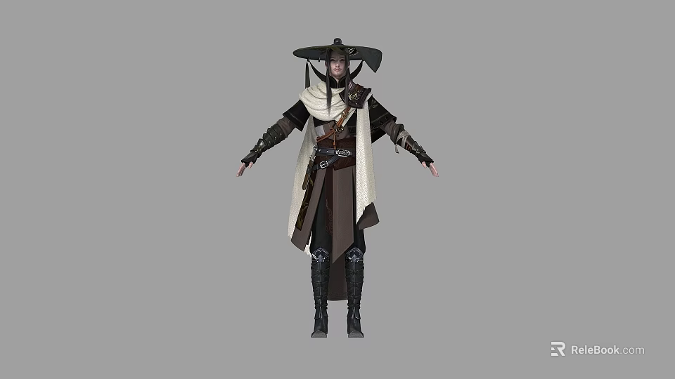 Traditional Martial Arts Game Movie Character In Dark Light Robe With Hat And Boots 3d model 