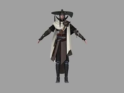 Traditional Martial Arts Game Movie Character In Dark Light Robe With Hat And Boots 3d model