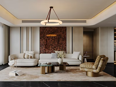 Elegant Modern Living Room Interior With Light Sofa Rug Chandelier Decorative Painting And Accent Chair 3d model
