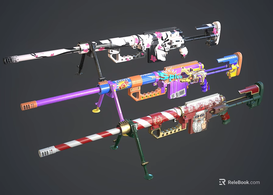 Colorful Decorated Sniper Rifles With Various Patterns And Striped Designs 3d model 