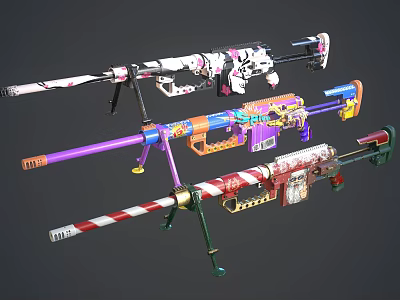 Colorful Decorated Sniper Rifles With Various Patterns And Striped Designs 3d model