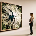 Large Wall Decor Natural Landscape Artwork With Wooden Frame In Modern Interior And Standing Woman